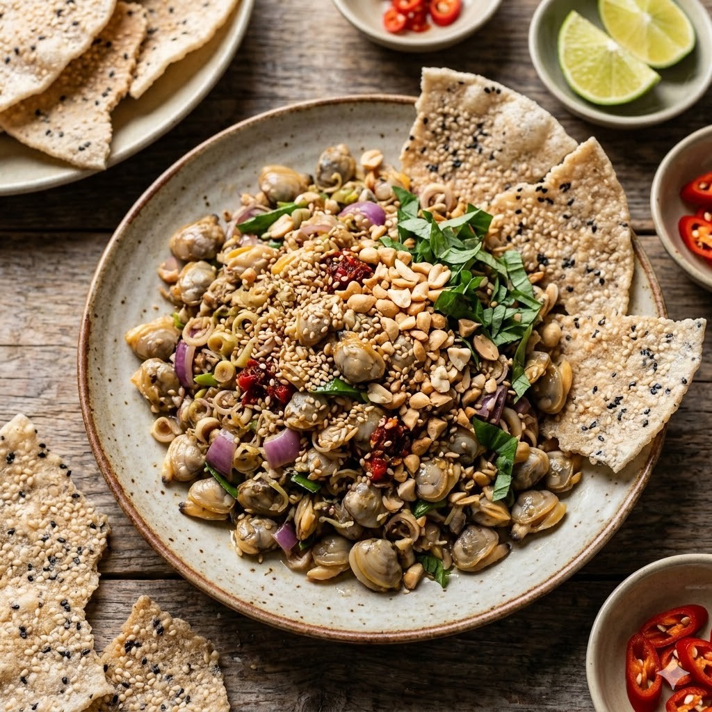 Hến Xúc Bánh Đa: Món Ngon Dân Dã Đậm Đà Hương Vị Quê Hương 10 Đĩa hến xúc bánh đa nóng hổi, trang trí đậu phộng, mè và rau răm