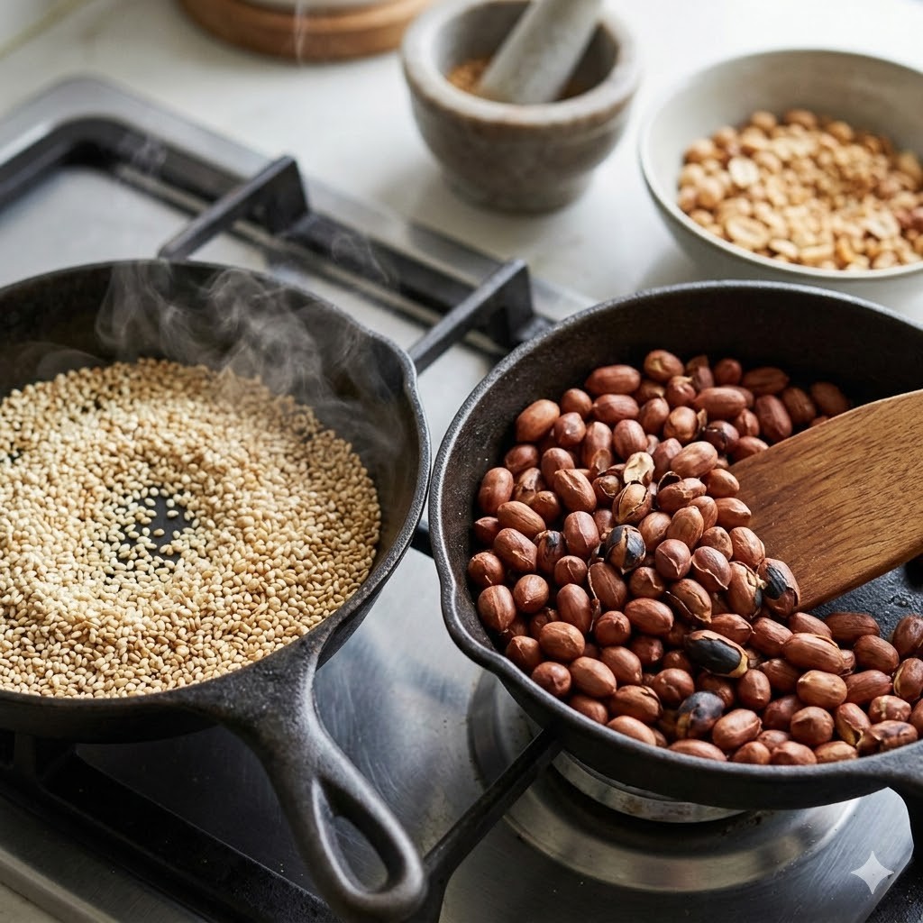 Hến Xúc Bánh Đa: Món Ngon Dân Dã Đậm Đà Hương Vị Quê Hương 8 Mè trắng và đậu phộng rang vàng thơm bùi, sẵn sàng cho món hến xúc