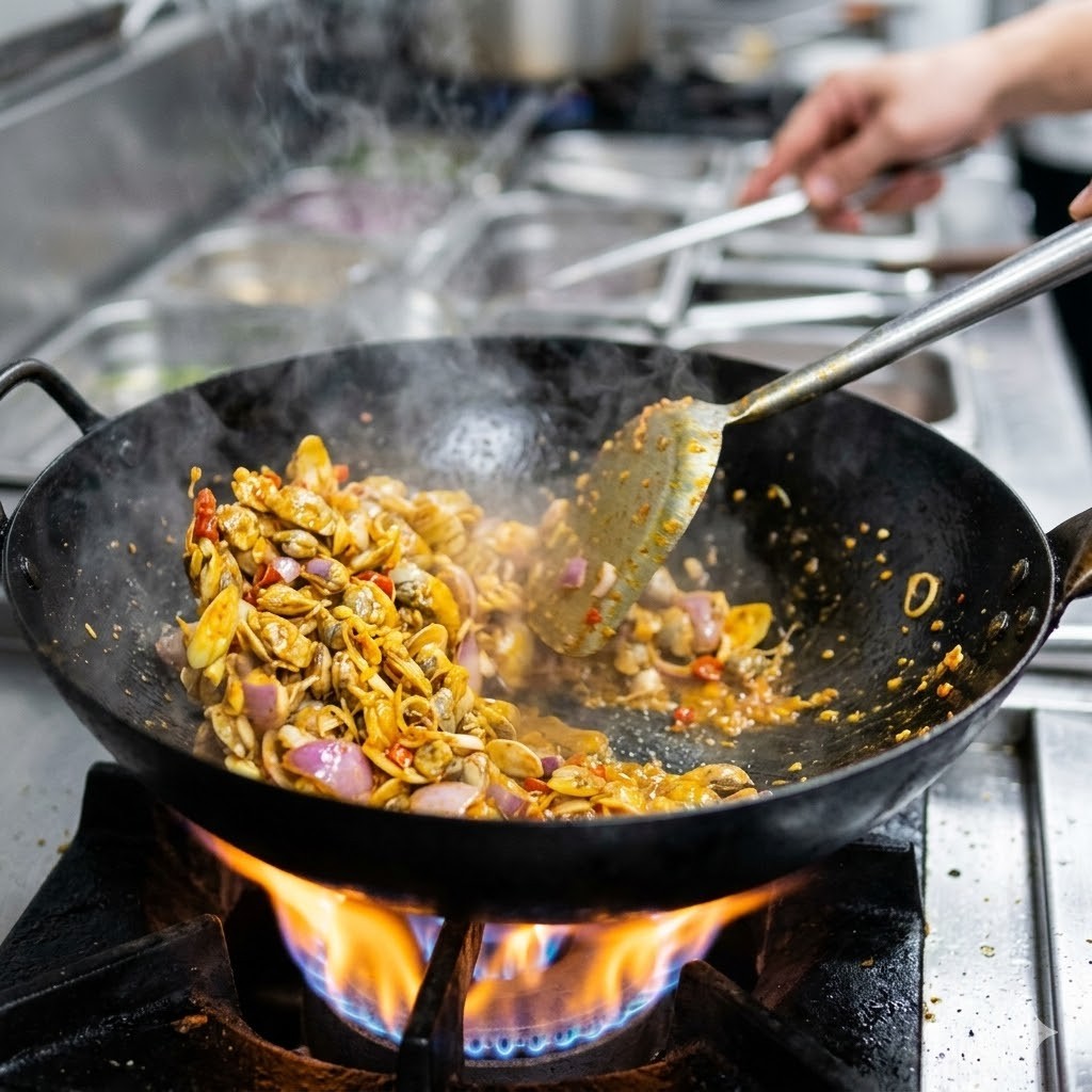 Hến Xúc Bánh Đa: Món Ngon Dân Dã Đậm Đà Hương Vị Quê Hương 9 Hến tươi đang được xào nhanh với sả, ớt và sa tế trên chảo nóng
