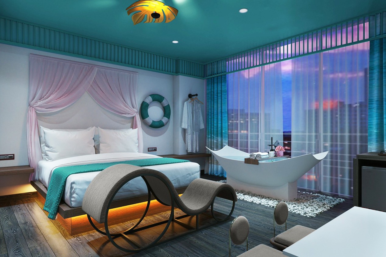 Top 20 Khách Sạn Tình Yêu Sài Gòn Lãng Mạn, Độc Đáo Dành Cho Cặp Đôi 15 Không gian phòng ngủ hiện đại với tông màu tối và ánh sáng tạo điểm nhấn tại Eros Hotel 2