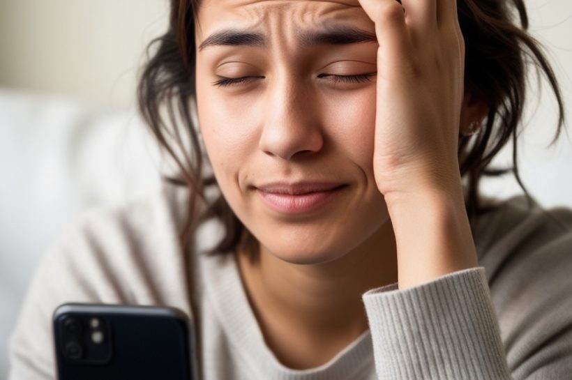 Hướng Dẫn Chọn Tròng Kính Cận Phù Hợp: Từ Chiết Suất Đến Tính Năng 7 Một người phụ nữ trẻ đang xoa bóp thái dương, dấu hiệu của việc mỏi mắt hoặc nhức đầu do đeo kính không phù hợp