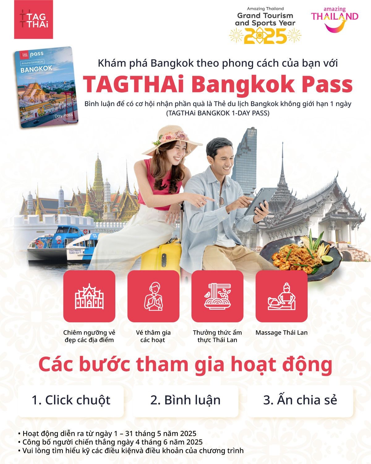 Khám Phá Bangkok: Trải Nghiệm Ẩm Thực Đa Sắc Màu Với TAGTHAi Pass 8 Người dân và du khách tại khu chợ đêm sôi động ở Bangkok với biển quảng cáo của TAGTHAi