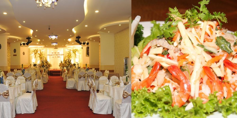 Sảnh tiệc cưới Cát Tường được trang trí sang trọng với ánh đèn ấm áp tại nhà hàng Phúc An Khang