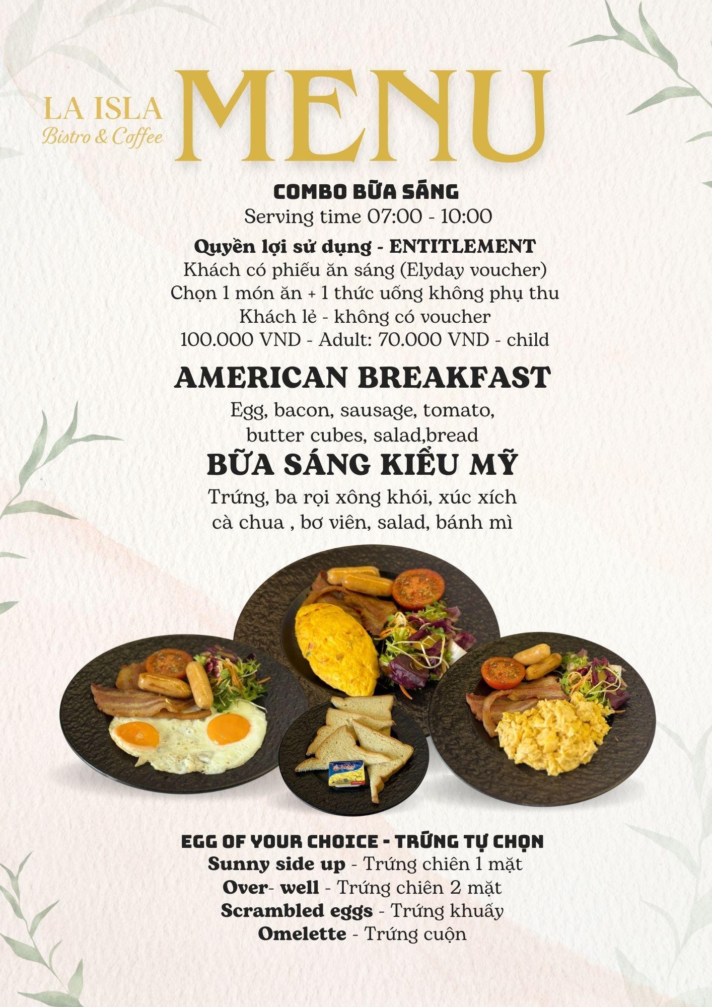 Trải Nghiệm Bữa Sáng Địa Trung Hải Tại La Isla Bistro & Coffee Elyday Phú Quốc 5 Thực đơn bữa sáng với các món ăn được trình bày đẹp mắt tại La Isla Bistro & Coffee