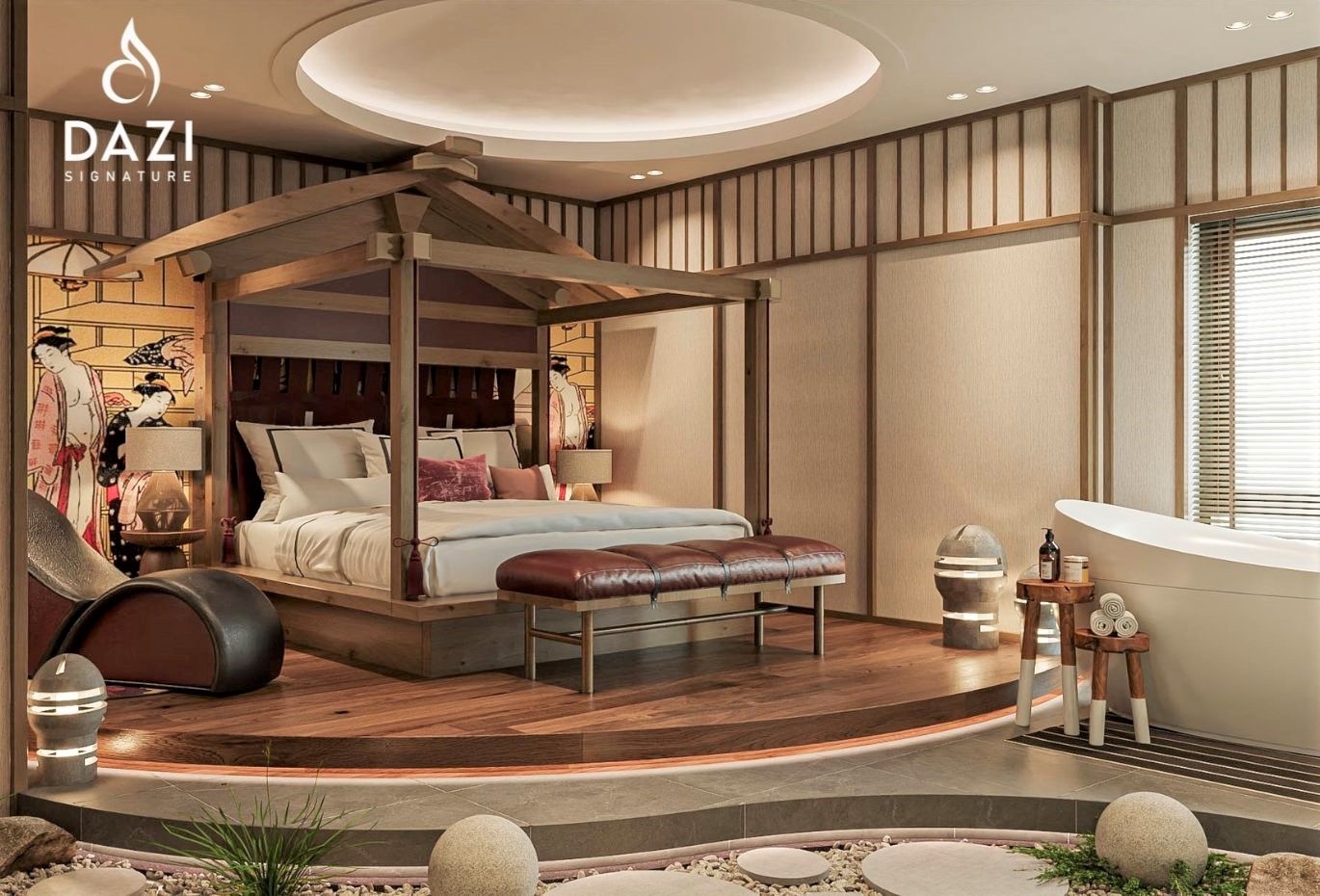 Phòng nghỉ với thiết kế độc đáo và hệ thống đèn neon tại Dazi Signature Hotel